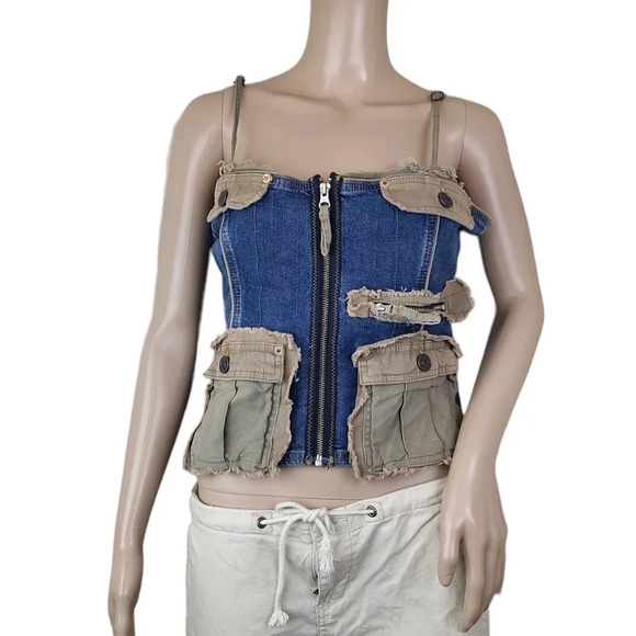 BDG Tops - BDG Denim Spliced Cargo Corset Top